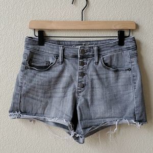 Universal Thread gray jean high waist button fly shorts w distressed raw…